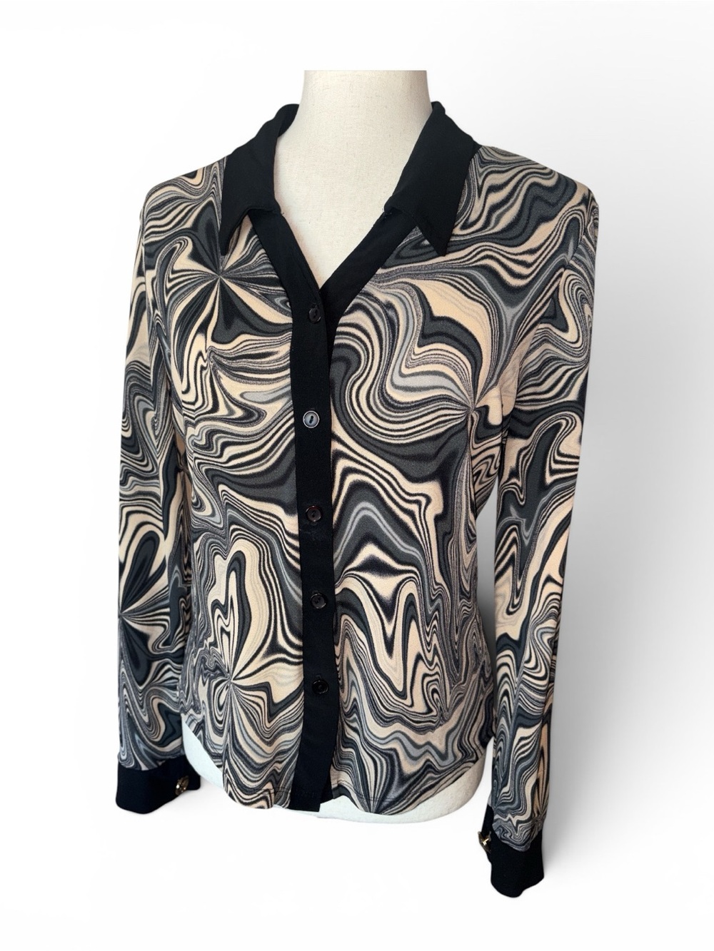 Womens Black & Cream Swirl Button-Down Shirt - Classic Collared Top size XL